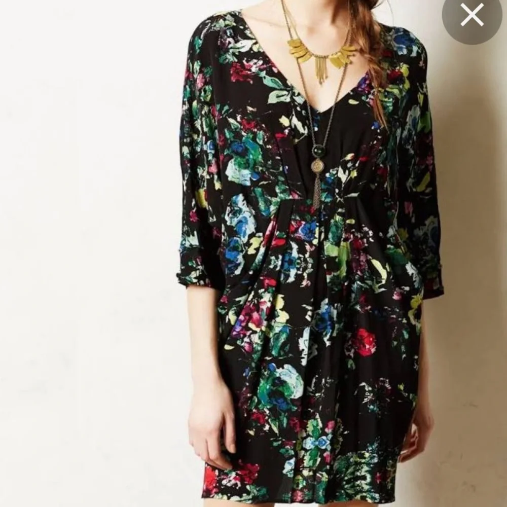 Anthropologie Maeve Small Petal Palette Black Dolman Sleeve Tunic Dress M
